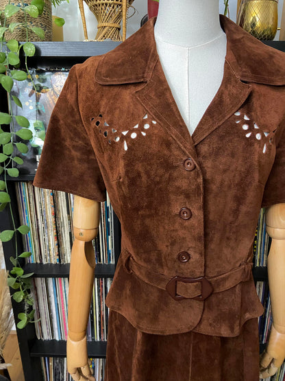 Vintage 1970s Brown Cut Out Suede Skirt Suit