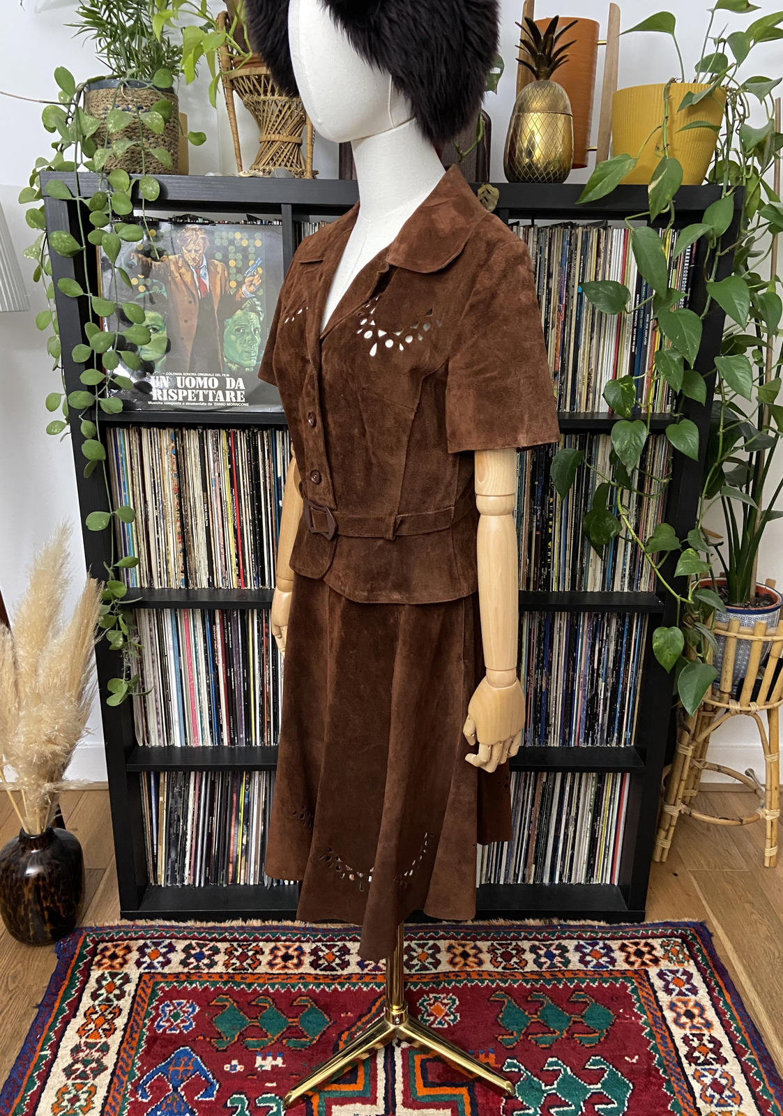 Vintage 1970s Brown Cut Out Suede Skirt Suit