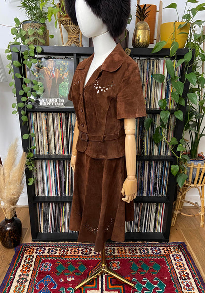 Vintage 1970s Brown Cut Out Suede Skirt Suit