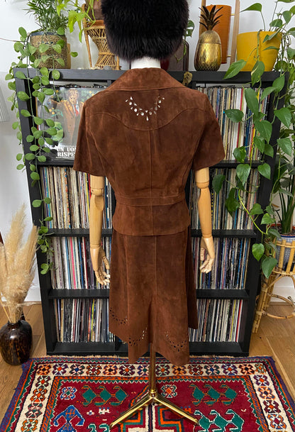 Vintage 1970s Brown Cut Out Suede Skirt Suit