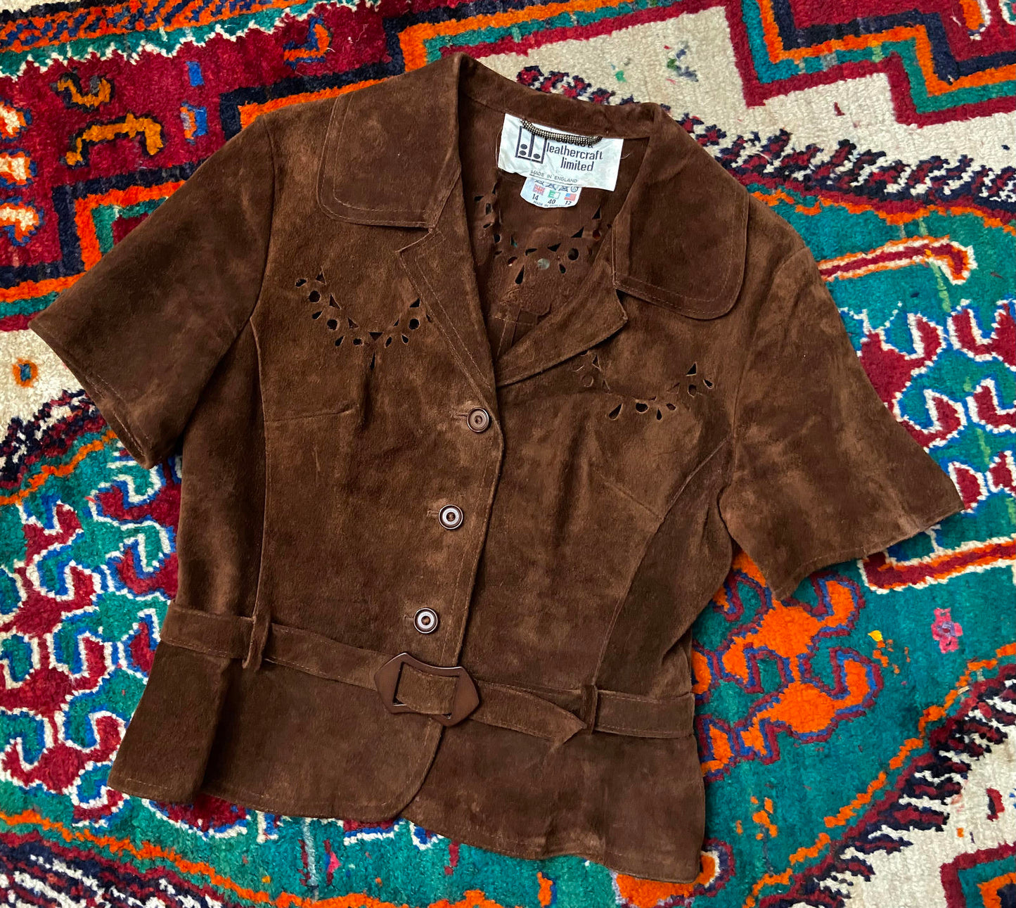 Vintage 1970s Brown Cut Out Suede Skirt Suit
