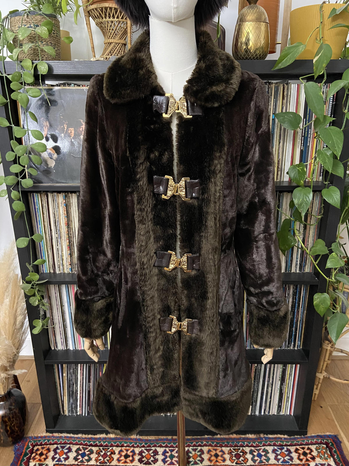 Vintage 1970s Brown Faux Fur Gold Buckle Coat