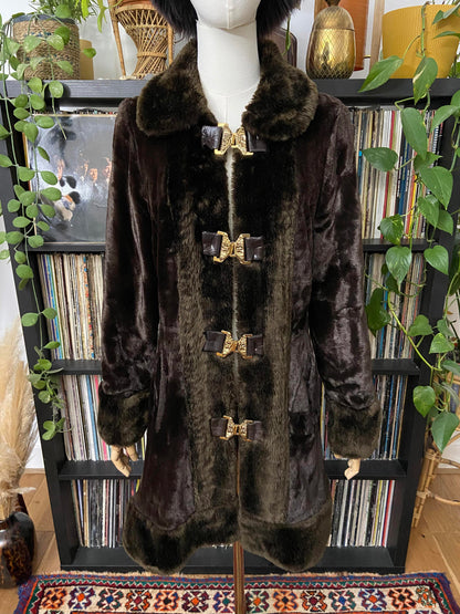Vintage 1970s Brown Faux Fur Gold Buckle Coat