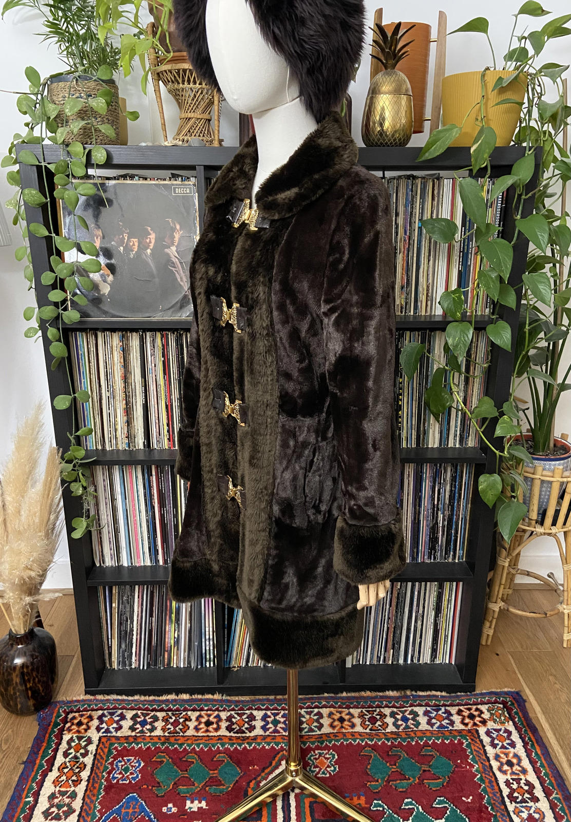 Vintage 1970s Brown Faux Fur Gold Buckle Coat