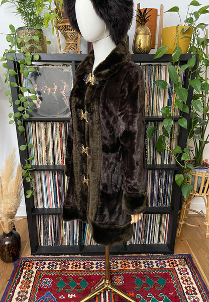 Vintage 1970s Brown Faux Fur Gold Buckle Coat