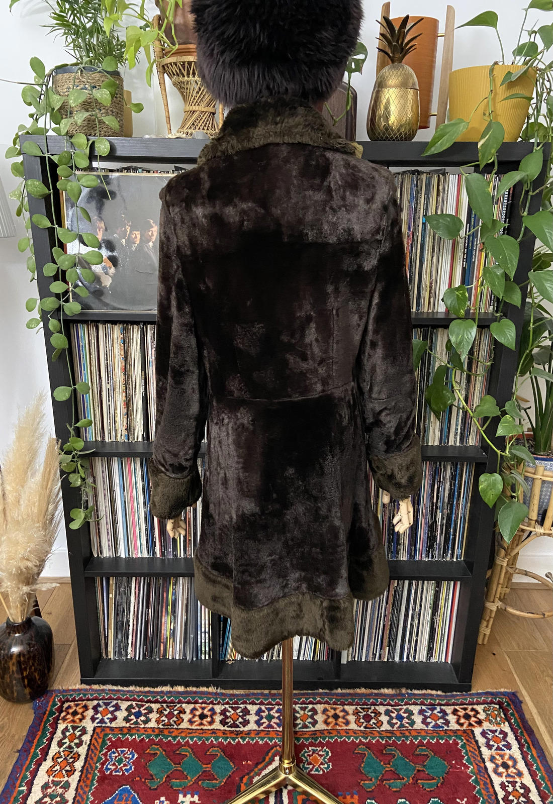 Vintage 1970s Brown Faux Fur Gold Buckle Coat