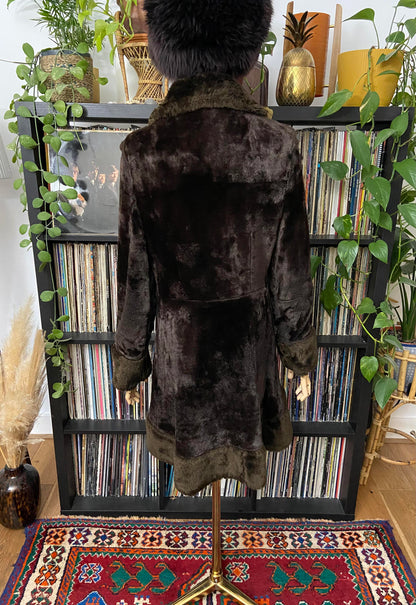 Vintage 1970s Brown Faux Fur Gold Buckle Coat