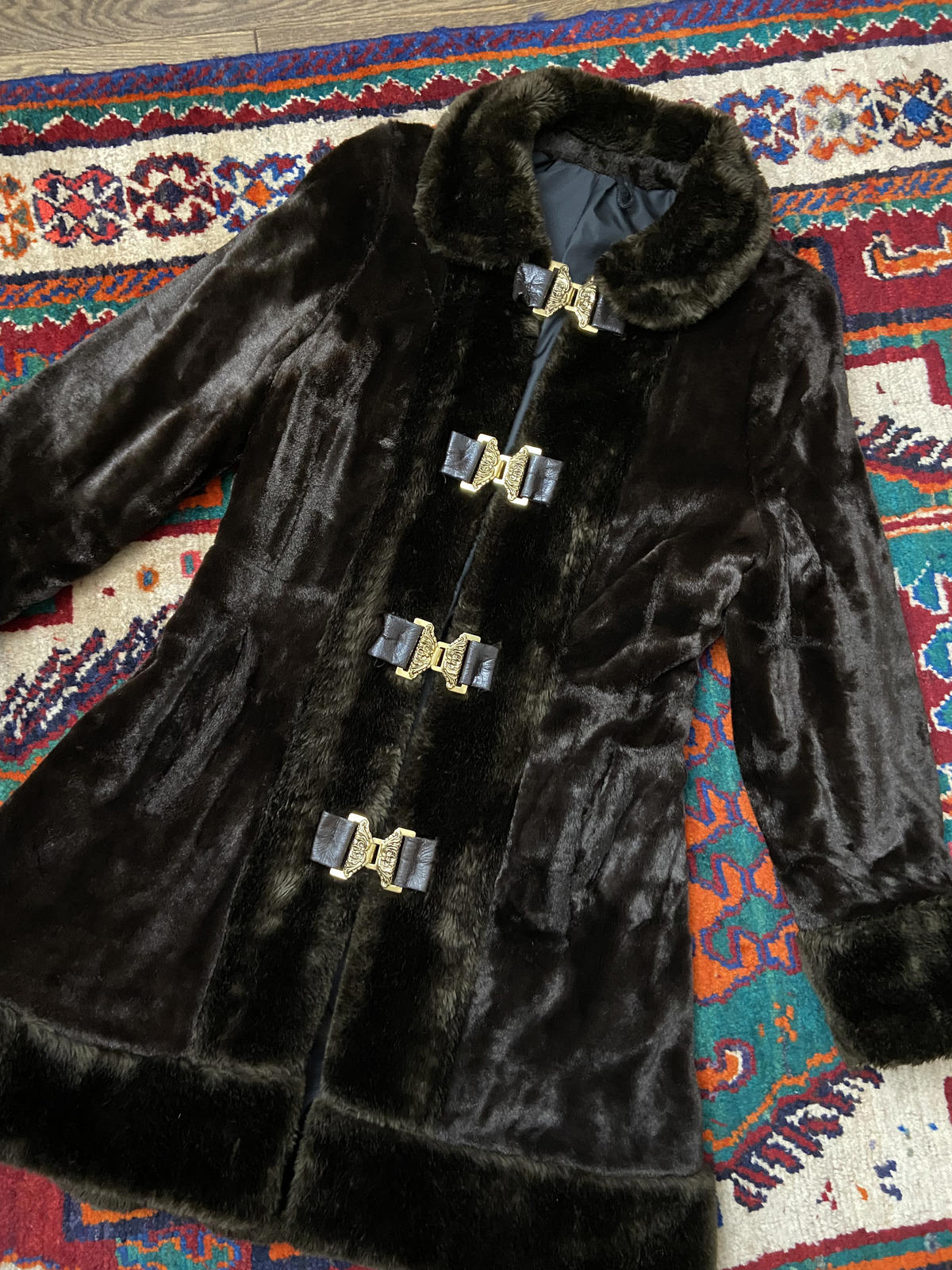 Vintage 1970s Brown Faux Fur Gold Buckle Coat
