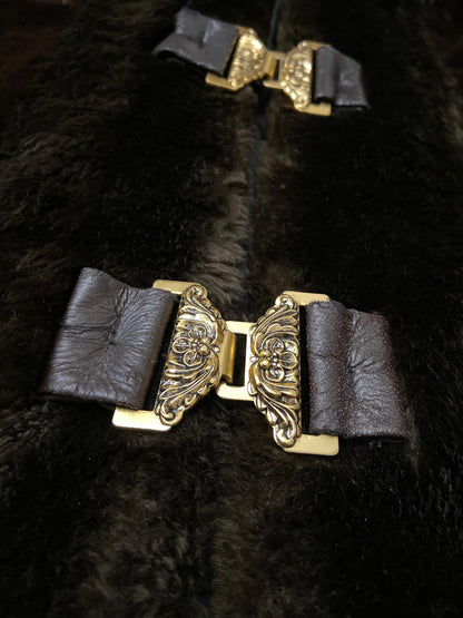 Vintage 1970s Brown Faux Fur Gold Buckle Coat