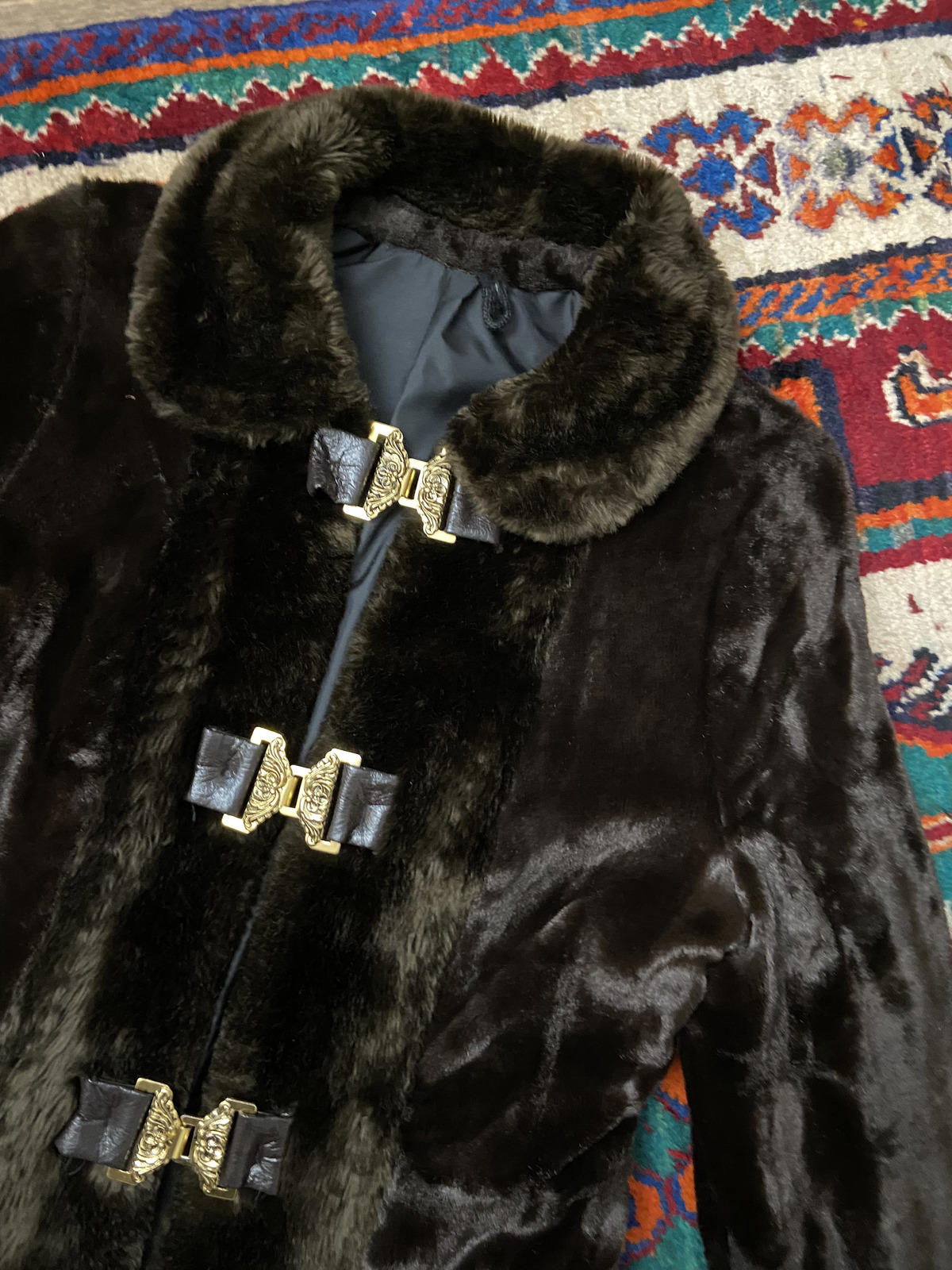 Vintage 1970s Brown Faux Fur Gold Buckle Coat