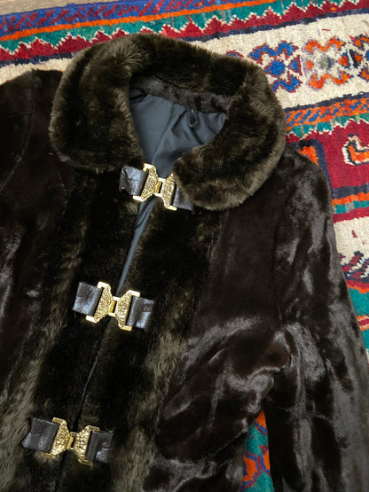 Vintage 1970s Brown Faux Fur Gold Buckle Coat
