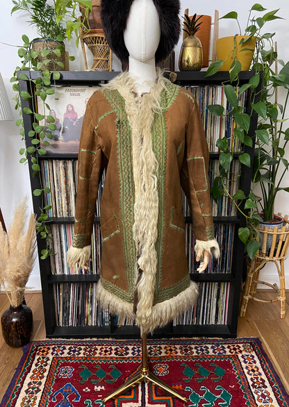 Vintage 1970s Brown Green Afghan Coat