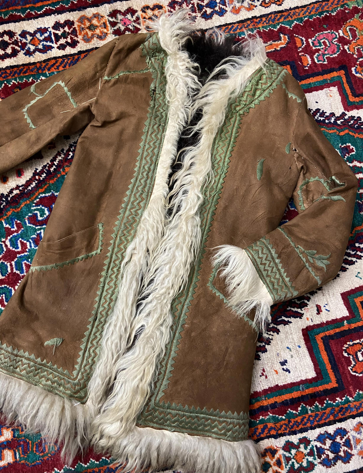 Vintage 1970s Brown Green Afghan Coat
