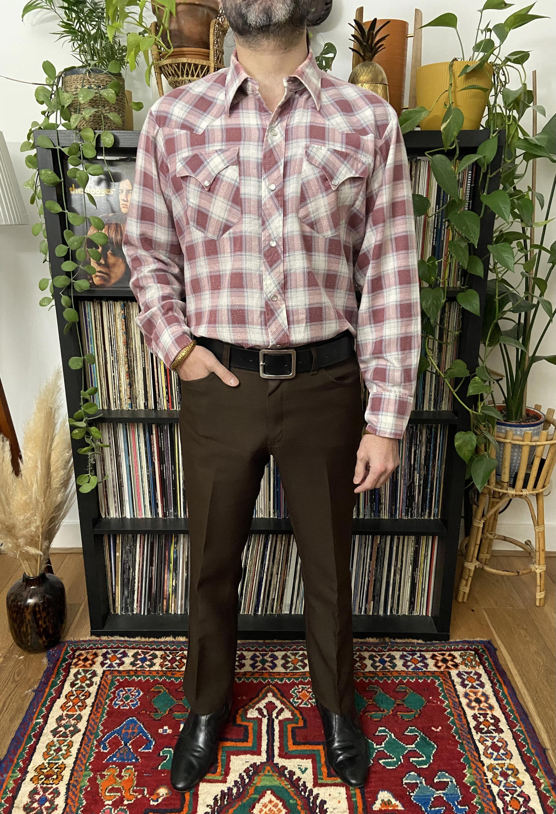 Vintage 1970s H Bar C Dusty Pink Plaid Western Shirt
