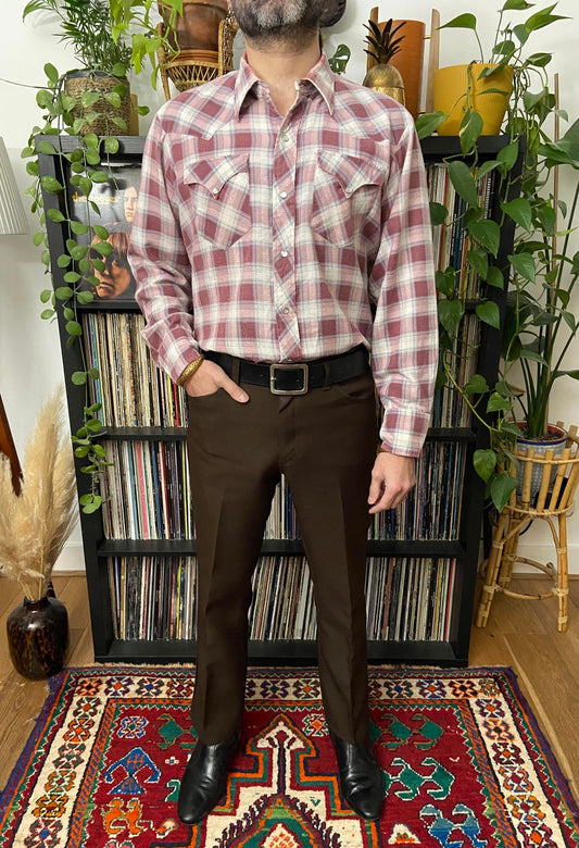 Vintage 1970s H Bar C Dusty Pink Plaid Western Shirt