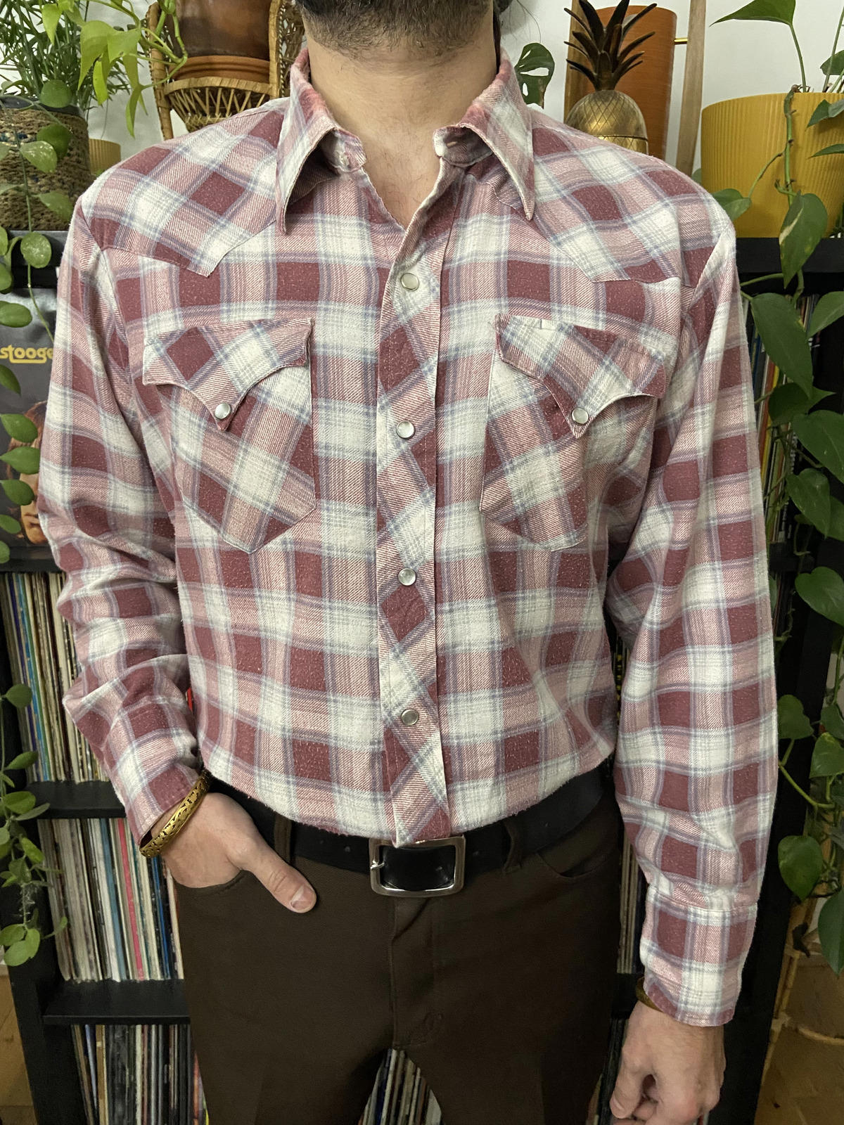 Vintage 1970s H Bar C Dusty Pink Plaid Western Shirt