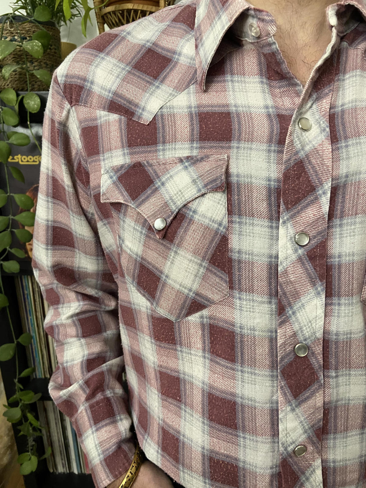 Vintage 1970s H Bar C Dusty Pink Plaid Western Shirt