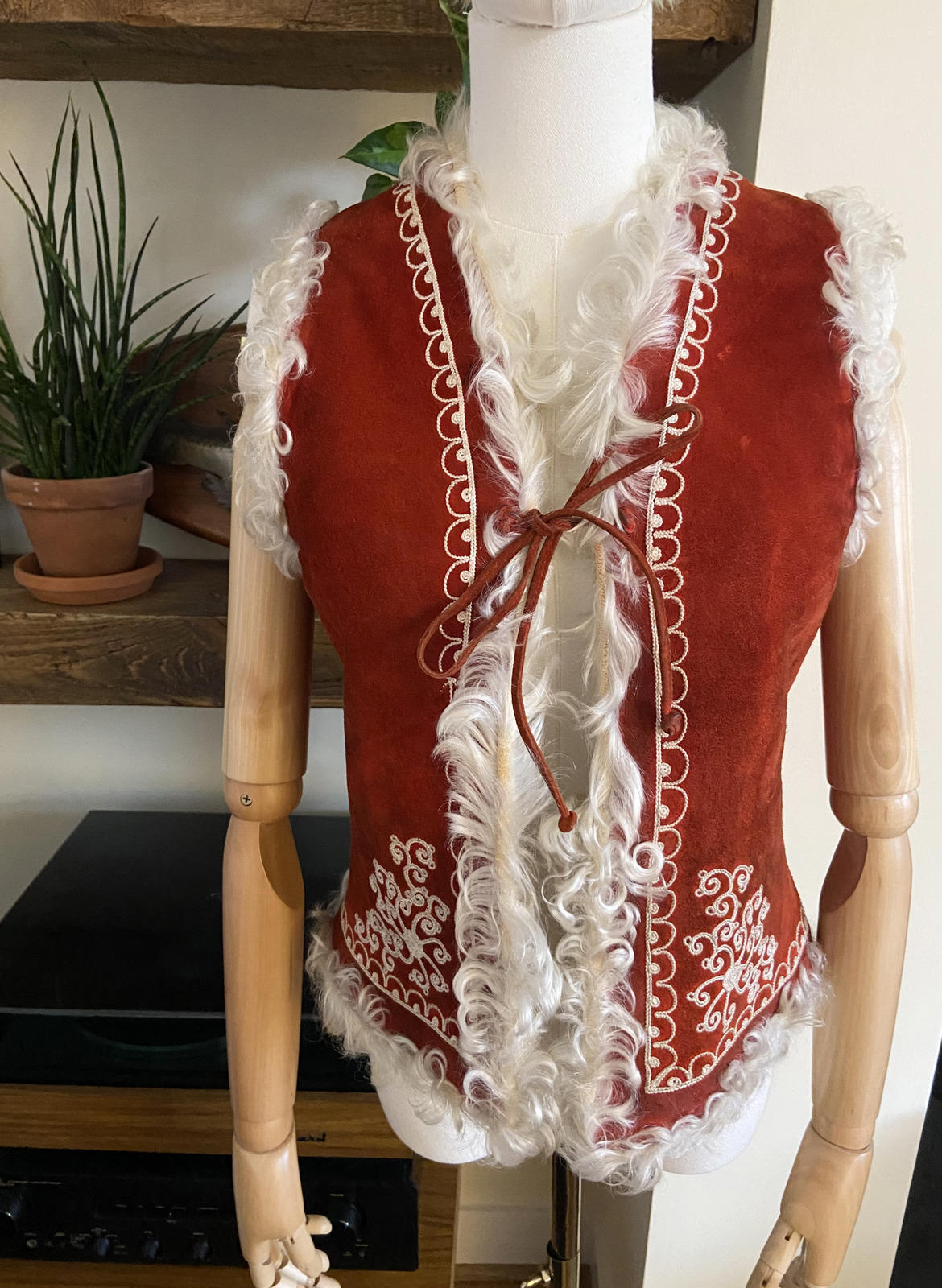 Vintage Red Suede Embroidered Afghan Vest