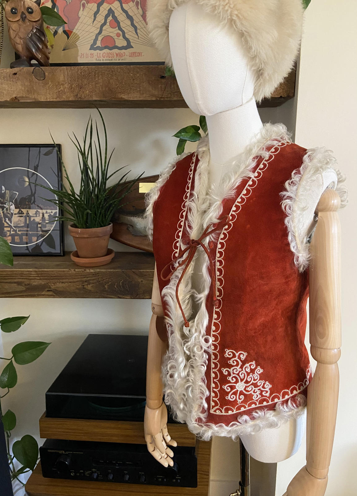 Vintage Red Suede Embroidered Afghan Vest