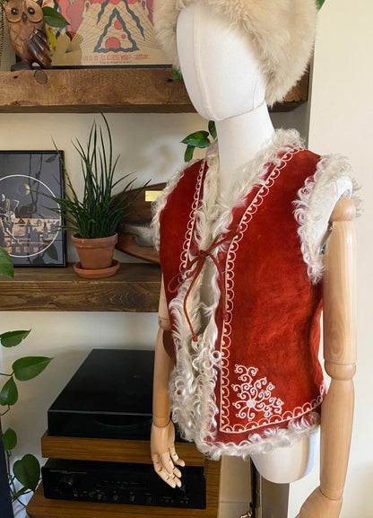 Vintage Red Suede Embroidered Afghan Vest