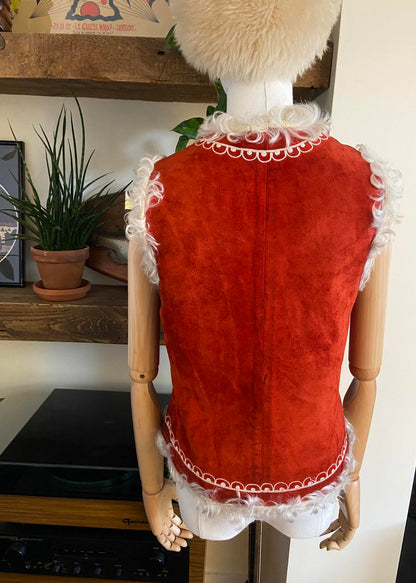 Vintage Red Suede Embroidered Afghan Vest