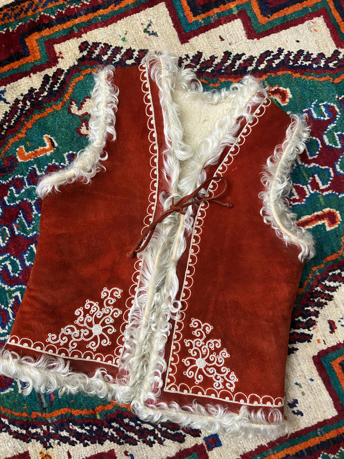 Vintage Red Suede Embroidered Afghan Vest