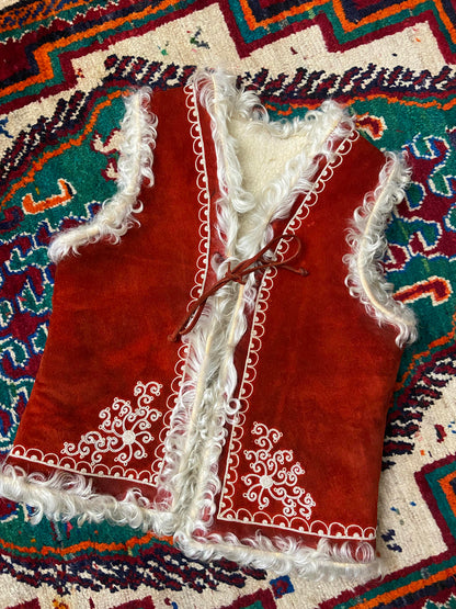 Vintage Red Suede Embroidered Afghan Vest