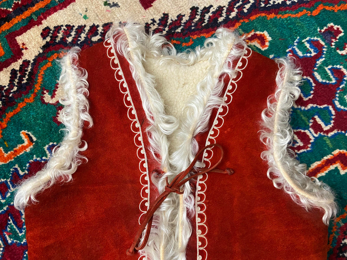 Vintage Red Suede Embroidered Afghan Vest
