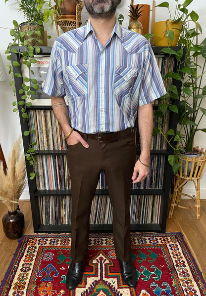 Vintage Ely Plains Short Sleeved Blue & White Western Shirt
