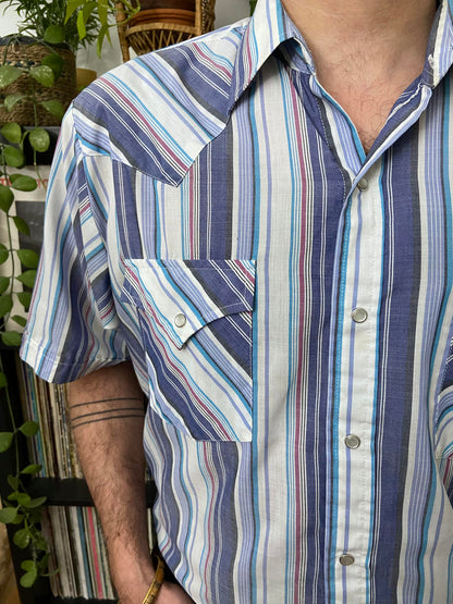 Vintage Ely Plains Short Sleeved Blue & White Western Shirt