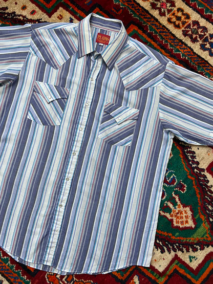 Vintage Ely Plains Short Sleeved Blue & White Western Shirt