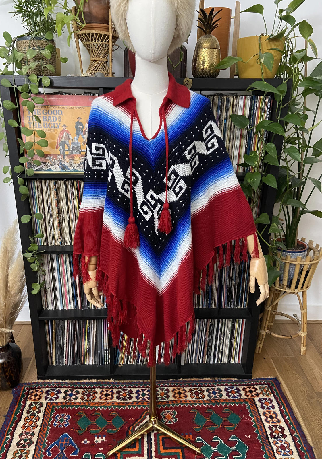 VIntage 1970s Burgundy Blue Knit Poncho