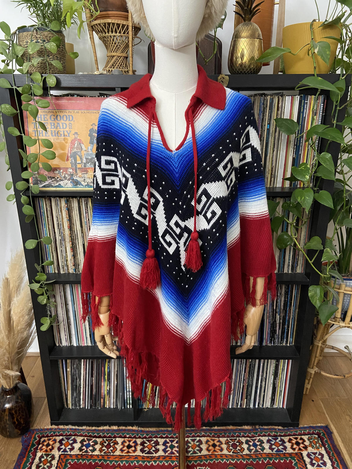 VIntage 1970s Burgundy Blue Knit Poncho