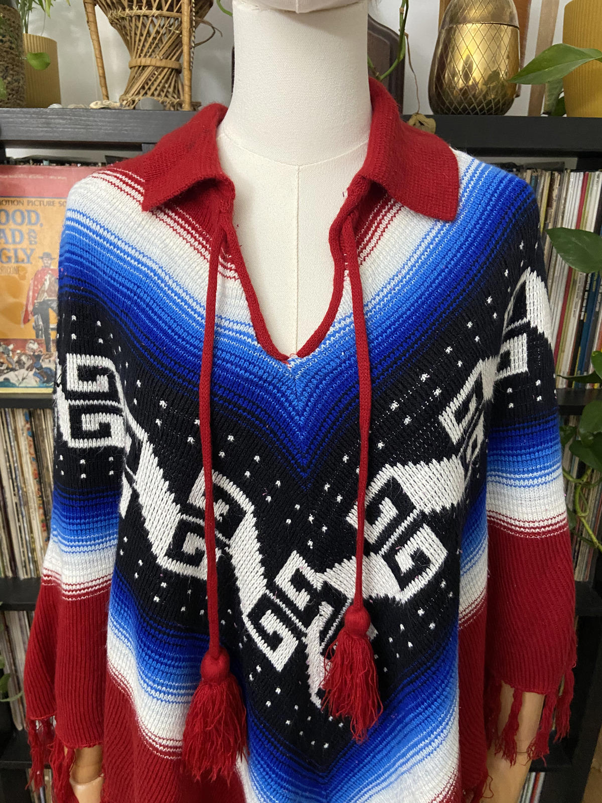 Vintage 1970s Burgundy Blue Knit Poncho