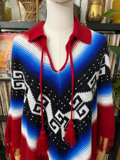 Vintage 1970s Burgundy Blue Knit Poncho