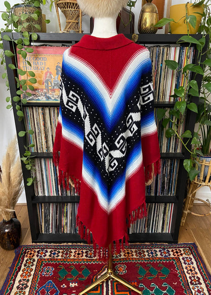 Vintage 1970s Burgundy Blue Knit Poncho