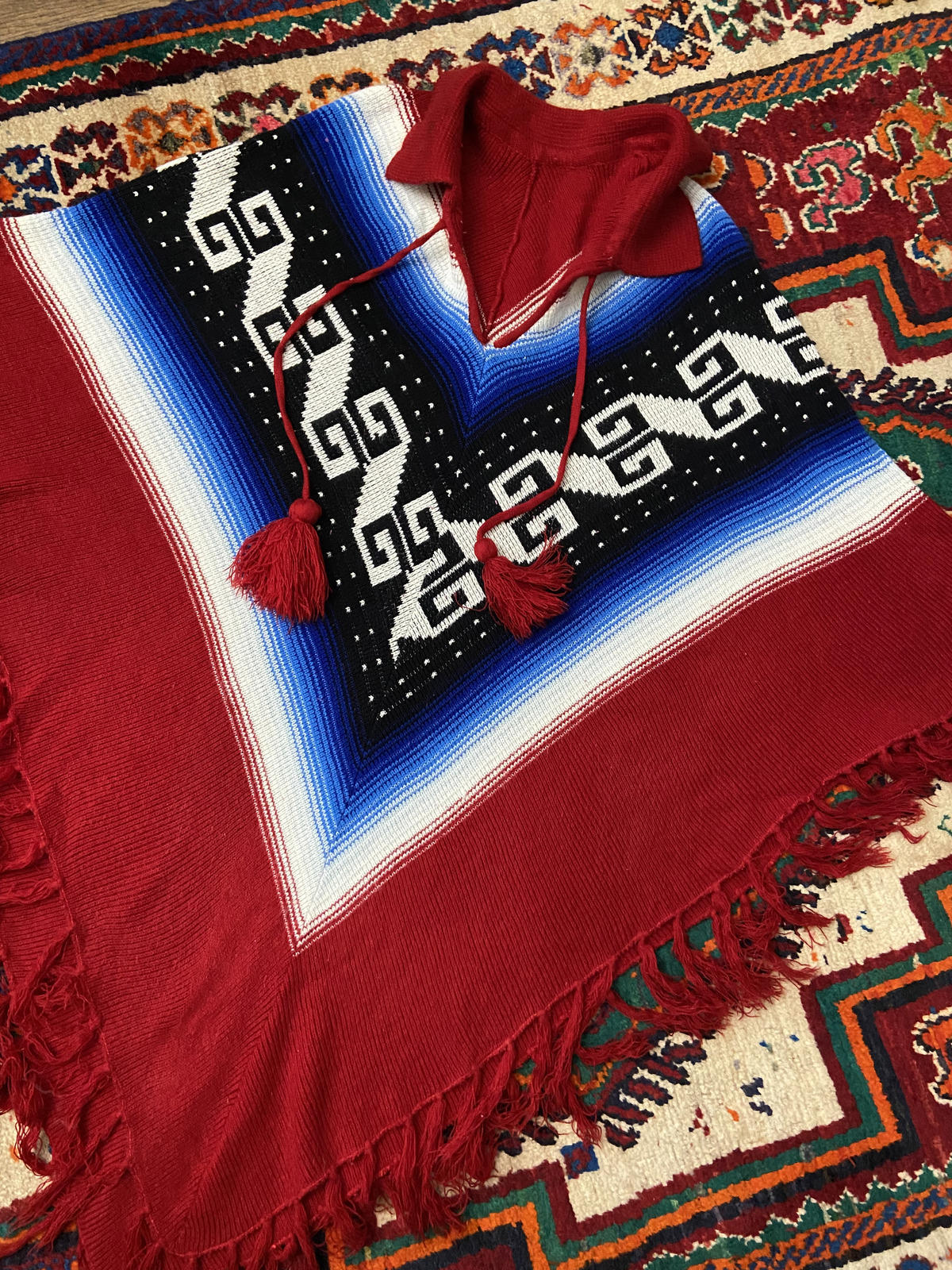 Vintage 1970s Burgundy Blue Knit Poncho