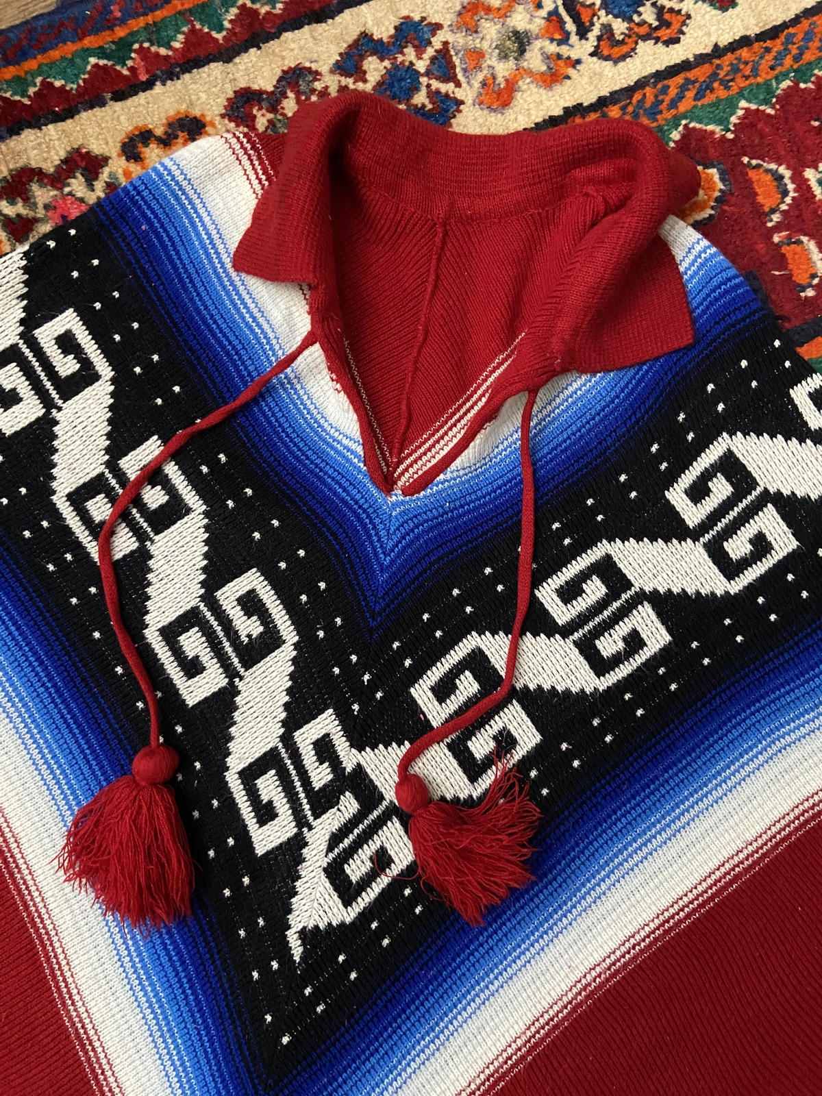 Vintage 1970s Burgundy Blue Knit Poncho