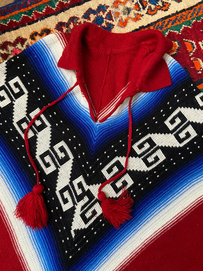 Vintage 1970s Burgundy Blue Knit Poncho