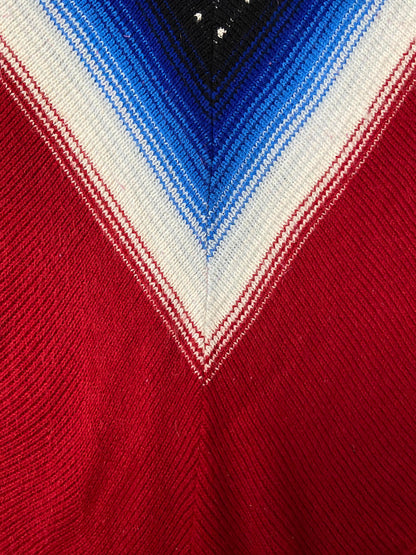 Vintage 1970s Burgundy Blue Knit Poncho