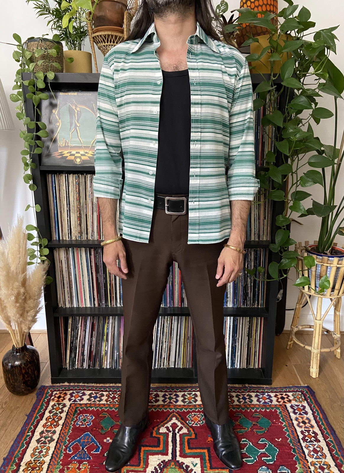 Vintage 1970s Striped Green & White Shirt