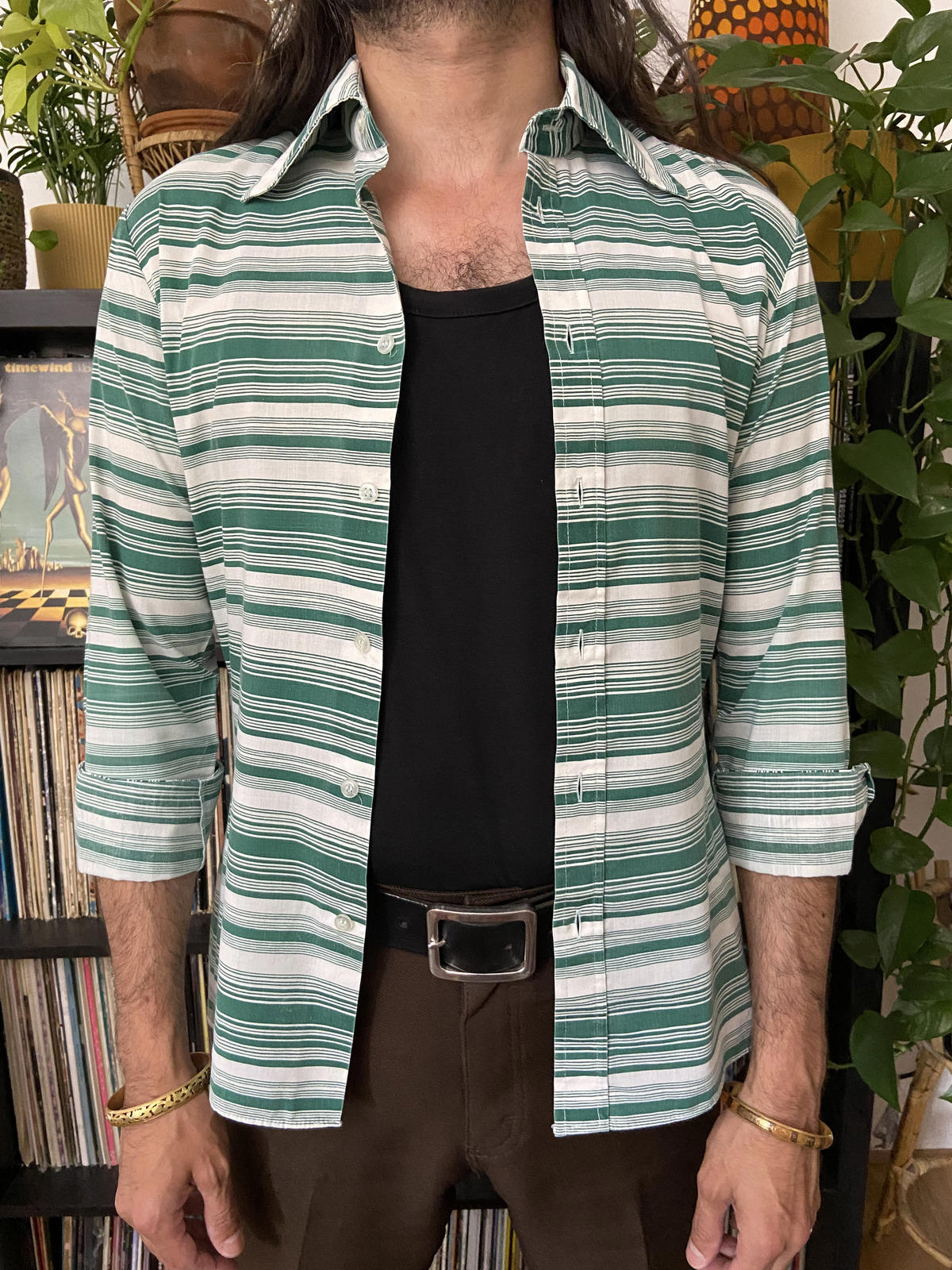 Vintage 1970s Striped Green & White Shirt