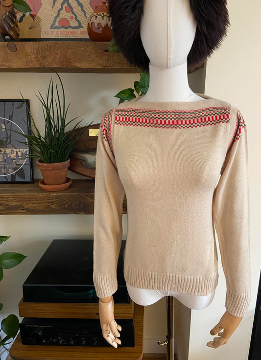 Vintage 1970s Italian Beige Folk Jumper