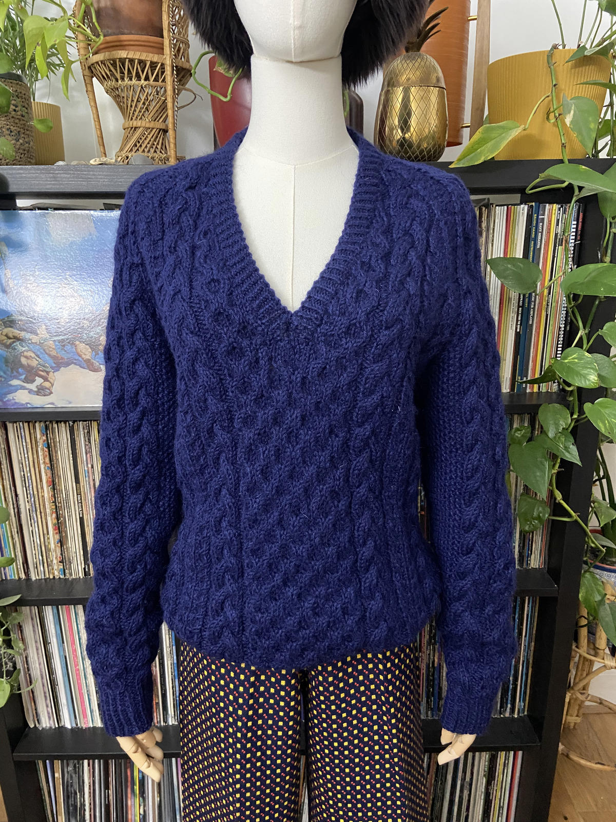 Vintage Navy Aran V-Neck Jumper