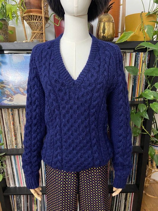 Vintage Navy Aran V-Neck Jumper