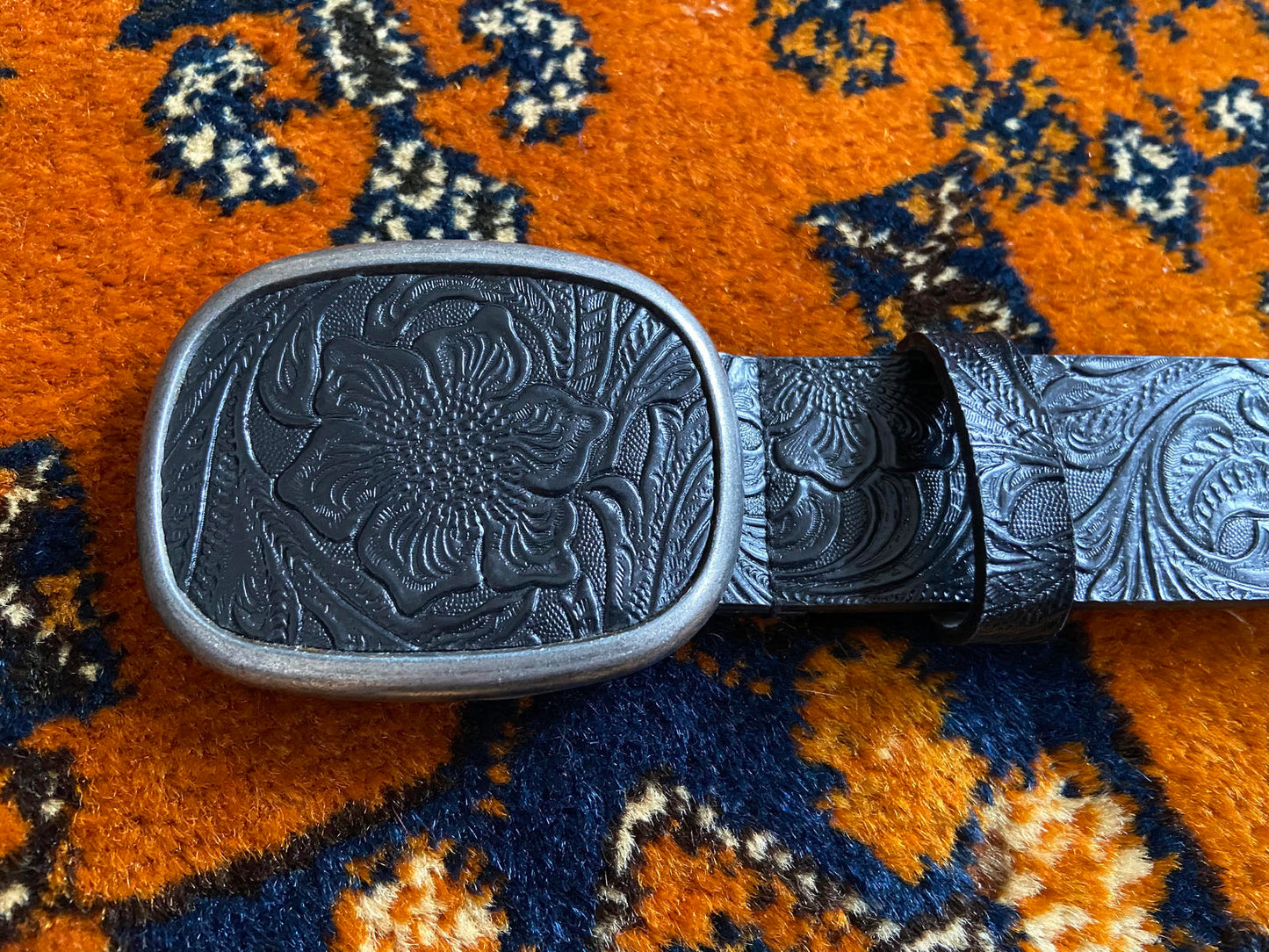 Vintage Black Floral Embossed Western Belt