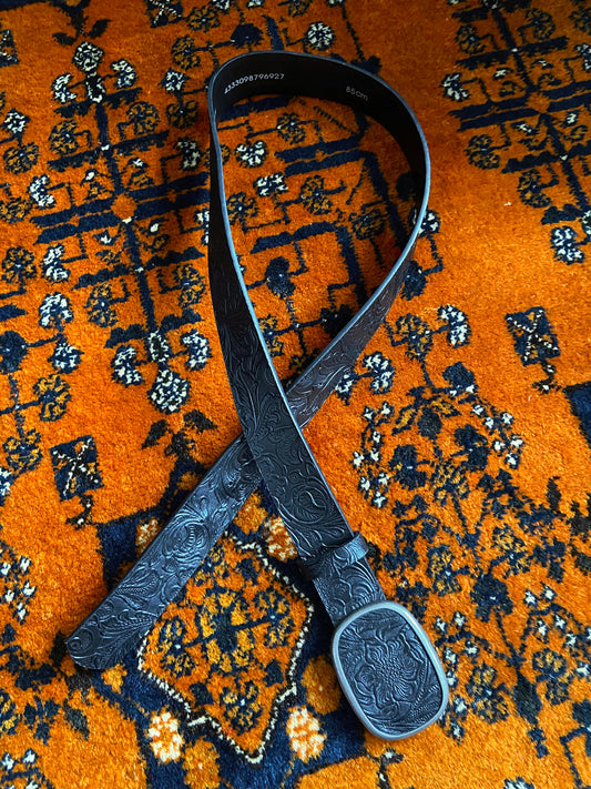 Vintage Black Floral Embossed Western Belt