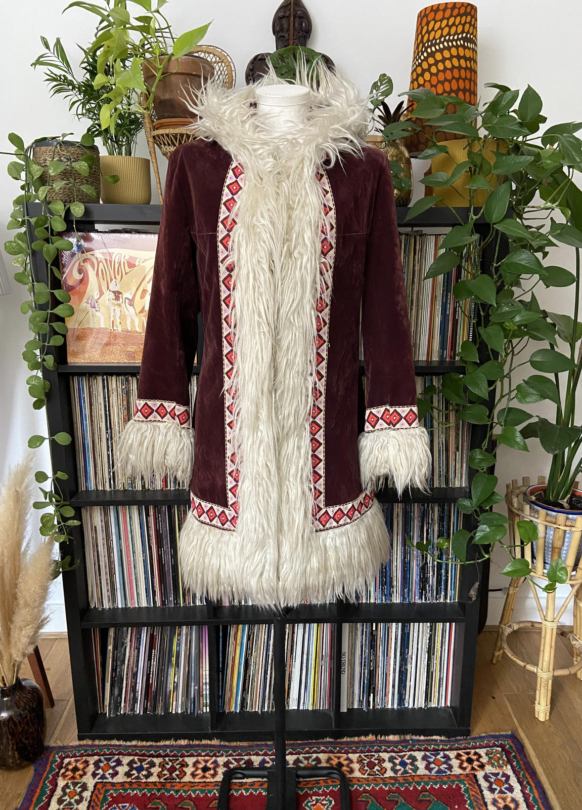 Vintage 1970s Burgundy Velvet Embroidered Trim Afghan Coat