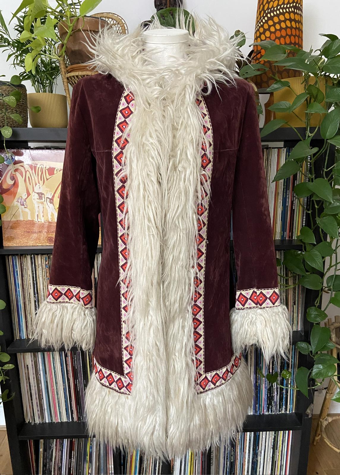 Vintage 1970s Burgundy Velvet Embroidered Trim Afghan Coat