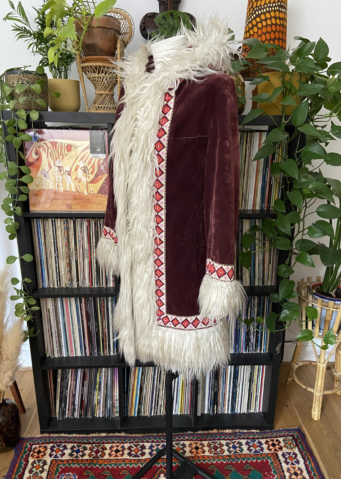Vintage 1970s Burgundy Velvet Embroidered Trim Afghan Coat